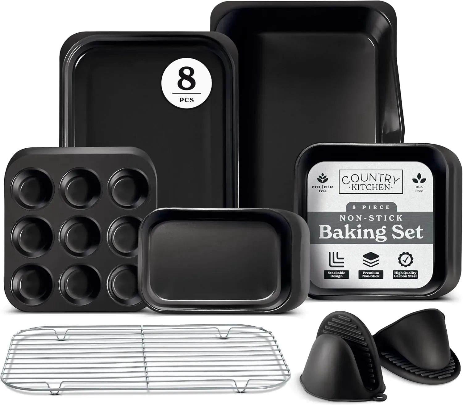 8-Piece Stackable Nonstick Bakeware Set, Black