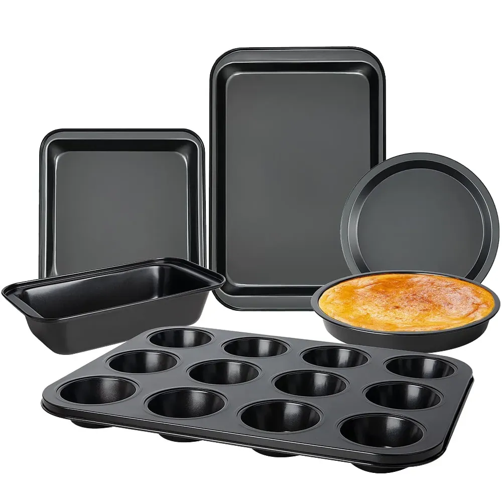 6-Piece Nonstick Carbon Steel Bakeware Set with Cake Pan, Loaf Pan, and Cookie Sheet (2-Pack)